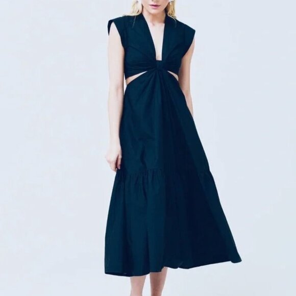 A.L.C. Alexandria Cotton Knotted Front Cut Out Waist Midi Dress Navy $495 - Picture 7 of 9